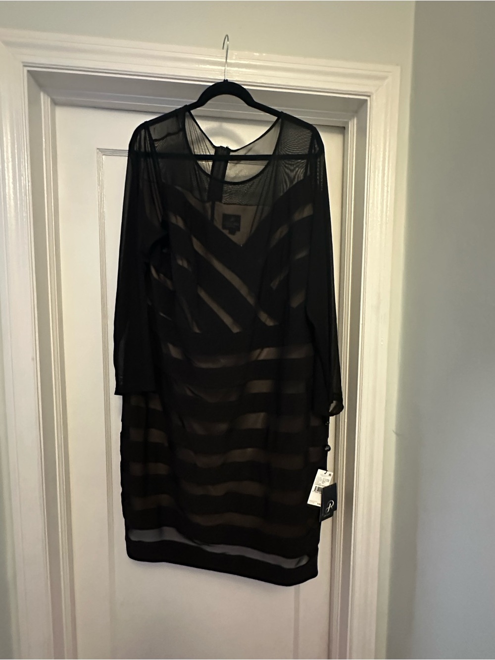 Adrianna Papell Black Sheer Striped Long Sleeve Dress